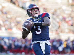 Montreal Alouettes quarterback Vernon Adams Jr. (3) reacts after scoring a touchdown during first half CFL pre-season football action against the Ottawa Redblacks in Montreal, Friday, June, 3, 2022.