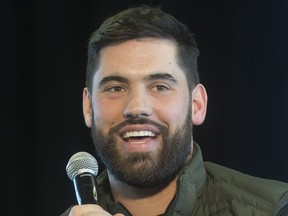 Kansas City Chiefs player Laurent Duvernay-Tardif speaks during a news conference prior to an event to celebrate his Super Bowl win in Montreal, Sunday, February 9, 2020.