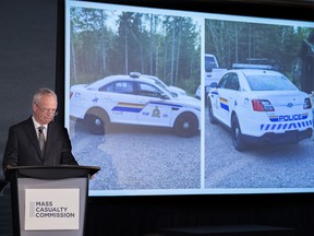 Commission counsel Roger Burrill presents information about the police paraphernalia used by Gabriel Wortman, at the Mass Casualty Commission inquiry into the mass murders in rural Nova Scotia on April 18/19, 2020, in Halifax on Monday, April 25, 2022. The inquiry into the 2020 mass shooting in Nova Scotia has revealed two new RCMP miscues that delayed a warning to the public that the killer was driving a replica police car.
