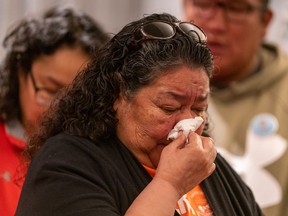 Teresa Whitecap, grandmother of Frank Young, speaks during a press conference about her missing grandson in Prince Albert, Sask., on Monday, May 16, 2022. RCMP are suspending their aerial and boat search for the five-year-old boy who went missing on the Red Earth Cree Nation more than two months ago.