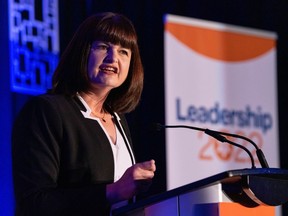 Carla Beck, MLA for Regina Lakeview and Saskatchewan NDP leadership candidate, speaks during the party's leadership convention in Regina, on Sunday, June 26, 2022.