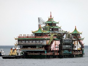 The closed iconic Jumbo floating restaurant is leaving after the operator announced it would leave Hong Kong due to a lack of funds for maintenance, in Hong Kong, China June 14.