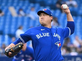 Toronto Blue Jays starting pitcher Hyun Jin Ryu throws against the Chicago White Sox in the first inning of American League baseball action in Toronto on Wednesday, June 1, 2022.&ampnbsp;Ryu's Tommy John surgery has been completed, the Toronto Blue Jays announced on Saturday.