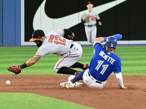 Toronto Blue Jays' Bo Bichette slides safely into second base ahead of a tag by Baltimore Orioles' second baseman Rougned Odor in the fifth inning of American League baseball action in Toronto on Monday, June 13, 2022. Vladimir Guerrero Jr was safe at first with a single.