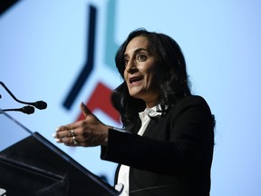 Minister of National Defence Anita Anand makes a keynote address at the CANSEC trade show, billed as North America's largest multi-service defence event, in Ottawa, on Wednesday, June 1, 2022.