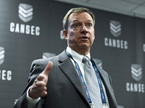 Kevin Mooney, president of Irving Shipbuilding, speaks during a news conference at the CANSEC trade show, billed as North America's largest multi-service defence event, in Ottawa, on Wednesday, June 1, 2022.