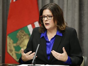 Manitoba Premier Heather Stefanson speaks to media prior to the reading of the Speech from the Throne at the Manitoba Legislature in Winnipeg, Tuesday, Nov. 23, 2021.