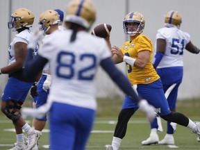 Winnipeg Blue Bombers quarterback Zach Collaros (8) throws to Drew Wolitarsky (82) during practice at training camp in Winnipeg Thursday, May 19, 2022.