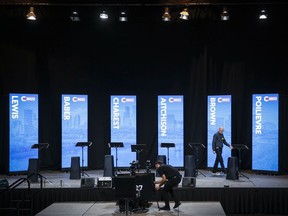 Technicians prepare the set for the Conservative Party of Canada English leadership debate in Edmonton, Alta., Wednesday, May 11, 2022.THE CANADIAN PRESS/Jeff McIntosh