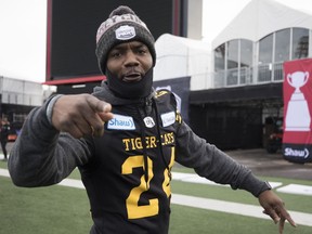Delvin Breaux is seen during a practice prior to the 107th Grey Cup in Calgary, on Nov. 23, 2019. The 32-year-old American cornerback was the B.C. Lions' biggest acquisition in free agency. Breaux makes his debut in black and orange when the Lions host the Toronto Argonauts on Saturday.