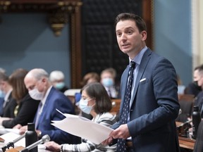Quebec Justice Minister Simon Jolin-Barrette speaks during question period on March 22, 2022, at the legislature in Quebec City.