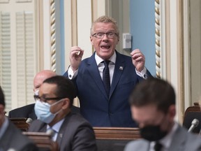 Quebec Labour Minister Jean Boulet responds to the Opposition during question period at the Legislature in Quebec City, Thursday, May 12, 2022.