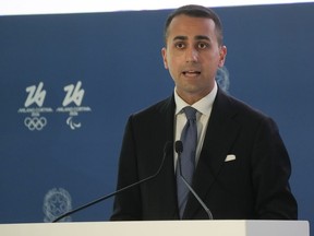 FILE - Italian Foreign Minister Luigi Di Maio delivers his speech during a ceremony to present the next Winter Olympics Milano Cortina 2026 to the Italian institutions at the Foreign Minister headquarters in Rome, Wednesday, June 8, 2022. Italy's political landscape shifted Wednesday, June 22, 2022 after Di Maio formalized his departure from the 5-Star Movement, splitting with the movement he helped found over its Ukraine policy.