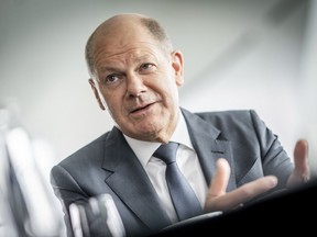 German Chancellor Olaf Scholz speaks during an interview in his office at the Chancellery, in Berlin, Germany, Friday June 17, 2022.