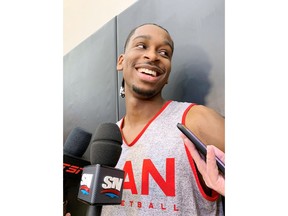 Shai Gilgeous-Alexander speaks to reporters at Canadian men's basketball team practice in Toronto on Tuesday, June 28, 2022. Canada plays the Dominican Republic in a World Cup qualifying game on Friday in Hamilton.