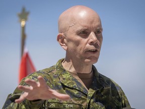 Chief of the defence staff Gen. Wayne Eyre speaks during a military announcement at CFB Trenton on June 20, 2022.