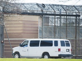 A Ontario transportation van arrives back at a facility in Brampton, Ont., on Monday, April 20, 2020. &ampnbsp;THE CANADIAN PRESS/Nathan Denette