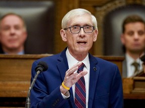 FILE - Wisconsin Gov. Tony Evers addresses a joint session of the Legislature in the Assembly chambers at the state Capitol in Madison, Wis. on Feb. 15, 2022. Republican legislators in Wisconsin were poised Wednesday, June 22, to meet in a special session Evers called to repeal the battleground state's dormant abortion ban and quickly adjourn without taking any action.