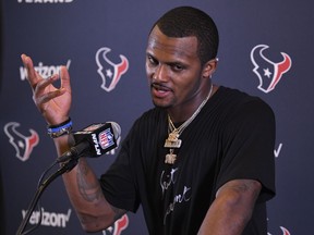 FILE - Houston Texans quarterback Deshaun Watson speaks during a news conference after an NFL football game against the Los Angeles Chargers, Sunday, Sept. 22, 2019, in Carson, Calif. The Houston Texans had been told that their former quarterback Deshaun Watson was sexually assaulting and harassing women during massage sessions, but instead of trying to stop him, the team provided him with resources to enable his actions and "turned a blind eye" to his behavior, according to a lawsuit filed Monday, June 27, 2022. Watson, who was later traded to the Cleveland Browns, has denied any wrongdoing and vowed to clear his name.