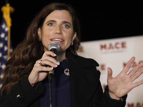 FILE - Republican Nancy Mace talks to supporters during her election night party on Nov. 3, 2020, in Mount Pleasant, S.C. Mace is set to meet two GOP challengers on the debate stage, Monday, May 23, 2022, who are seeking to oust her from South Carolina's 1st Congressional District.