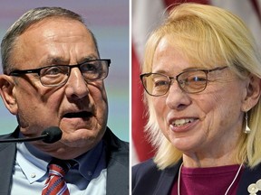 This photo combination shows Republican candidate Paul LePage, left, and Democratic incumbent Janet Mills for the upcoming Maine gubernatorial election on Tuesday, June 14, 2022. Independent candidate Sam Hunkler is also running for election.