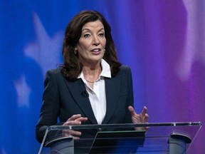 New York Gov. Kathy Hochul speaks as she faces off with New York Public Advocate Jumaane Williams and Rep. Tom Suozzi, D-N.Y., during a New York governor primary debate at the studios of WNBC4-TV, Thursday, June, 16, 2022, in New York.
