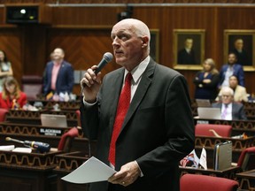 FILE - Arizona House Speaker Rusty Bowers, R-Mesa, speaks on the floor of the House of Representatives at the Arizona Capitol on April 18, 2019, in Phoenix. Calls from top advisers to former President Donald Trump to help overturn Trump's 2020 election loss were an unsupported, unwise and "juvenile" effort that attacked a bedrock principal of American democracy, Arizona's House speaker said Monday, June 20, 2022. Bowers is among a series of state election officials set to testify Tuesday, June 21 before the congressional committee investigating the Jan. 6, 2021, insurrection where Trump backers tried to stop the certification of President Joe Biden's victory.