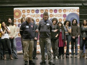 FILE - Hair creators Galt Macdermot, left, and James Rado appear during a photo call for the upcoming Broadway production of "HAIR: The American Tribal Love-Rock Musical," on Jan. 30, 2009 in New York. Rado died Tuesday night, June 21, 2022 in New York of cardio respiratory arrest, according to friend and publicist Merle Frimark. He was 90.