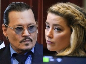 This combination of two separate photos shows actors Johnny Depp, left, and Amber Heard in the courtroom for closing arguments at the Fairfax County Circuit Courthouse in Fairfax, Va., on Friday, May 27, 2022. Depp is suing Heard after she wrote an op-ed piece in The Washington Post in 2018 referring to herself as a "public figure representing domestic abuse."