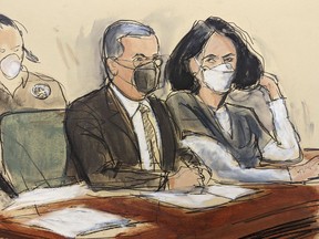 In this courtroom sketch, Ghislaine Maxwell, right, is seated beside her attorney, Christian Everdell, as they watch the prosecutor speak during her sentencing, Tuesday, June 28, 2022, in New York. Maxwell faces the likelihood of years in prison when she is sentenced for helping the wealthy financier Jeffrey Epstein sexually abuse underage girls.