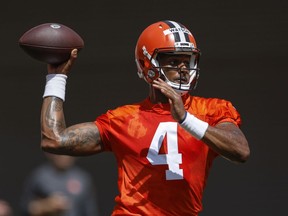 Cleveland Browns quarterback Deshaun Watson throws a pass during an NFL football practice at FirstEnergy Stadium, Thursday, June 16, 2022, in Cleveland.