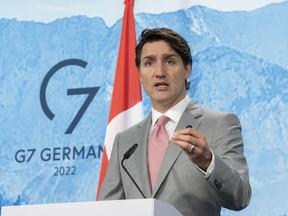 Prime Minister Justin Trudeau responds to a question during the closing news conference at the G7 Summit in Schloss Elmau on Tuesday, June 28, 2022. Prime Minister Justin Trudeau is defending Canadian military spending after a new NATO report this week showed Canada heading in the wrong direction.
