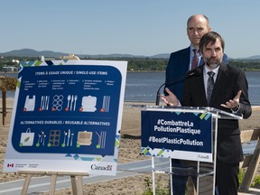 Environment Minister Steven Guilbeault announces the ban of single-use plastics and items at a beach, Monday, June 20, 2022  in Quebec City.