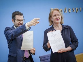 Lisa Paus, Federal Minister of Family Affairs, and Marco Buschmann, Federal Minister of Justice, present the key points paper on the Self-Determination Act at the Federal Press Conference in Berlin, Germany, Thursday, June 30, 2022. The law is intended to replace the long-disputed Transsexuals Act of 1980. Among other things, the aim is to reduce the hurdles to changing one's gender.