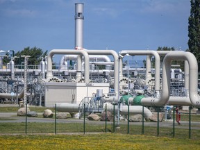 A view of pipe systems and shut-off devices at the gas receiving station of the Nord Stream 1 Baltic Sea pipeline and the transfer station of the OPAL (Ostsee-Pipeline-Anbindungsleitung - Baltic Sea Pipeline Link) long-distance gas pipeline in Lubmin, Germany, June 21, 2022.