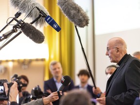 After the press conference to present the results of the study on abuse in the Diocese of Muenster, Felix Genn, Bishop of M'nster speaks to the press in Muenster, Germany, Monday, June 13, 2022. In the Westphalian Wilhelms University, the research team presents the study results from the abuse from 1945 - 2020 in the diocese of Muenster.