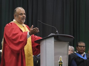 Dr. Saqib Shahab, Saskatchewan's chief medical health officer, speaks after being awarded an honorary degree during spring convocation at the University of Regina on Friday June 10, 2022. Shahab has served in his role since 2012 and became a familiar public figure throughout the COVID-19 pandemic.