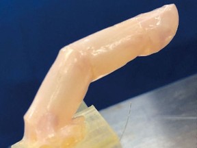 The articulated robot finger covered with living skin tissue that can self-heal with the help of a collagen bandage is seen in Tokyo, Japan, in this undated handout photo released by Biohybrid Systems(Takeuchi) Laboratory, The University of Tokyo and obtained by Reuters on June 10, 2022. Biohybrid Systems(Takeuchi) Laboratory, The University of Tokyo/Handout via REUTERS