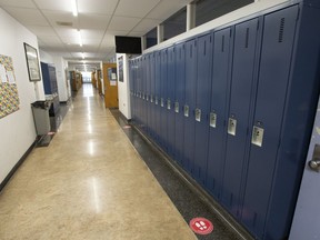 Lockers are seen at a school in Montreal on Tuesday, November 17, 2020. A suburban Montreal high school had to recall more than 900 yearbooks for 2021-22 after a racial slur was found hidden in one of the student's biographies.THE CANADIAN PRESS/Ryan Remiorz