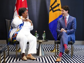 Prime Minister Justin Trudeau takes part in a bilateral meeting with the Prime Minister of Barbados, Mia Mottley during the Summit of the Americas in Los Angeles, Calif., on Wednesday, June 8, 2022.