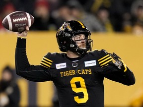 Hamilton Tiger-Cats quarterback Dane Evans (9) throws the ball against the Winnipeg Blue Bombers during first half football action in the 108th CFL Grey Cup in Hamilton, Ont., on Sunday, December 12, 2021.