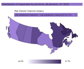 Die Karte von Statistics Canada zeigt die Lebenszufriedenheit in ganz Kanada.  Für eine interaktive Version klicken Sie hier
