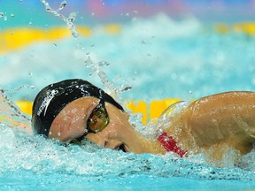 Summer Mcintosh, of Canada, competes during the women's 400m freestyle final at the 19th FINA World Championships in Budapest, Hungary, Saturday, June 18, 2022.