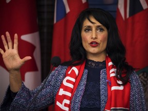 Leela Aheer, then minister of culture, multiculturalism and the status of women, makes an announcement on domestic and gender-based violence during the CFL's Grey Cup week in Calgary on Tuesday, Nov. 19, 2019. The United Conservative backbencher removed from Premier Jason Kenney's cabinet after publicly criticizing him is running to replace him in the party's upcoming leadership race.
