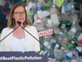 Karina Gould, Minister of Families, Children and Social Development, speaks during a press conference announcing the start of phasing out six harmful plastics as part of the plan to ban single-use plastic, in Toronto on Monday, June 20, 2022.