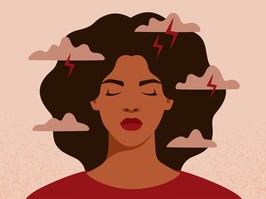African American woman feels anxiety and emotional stress. Depressed black girl experiences mental health issues. Concept of psychological problem. Vector illustration.
