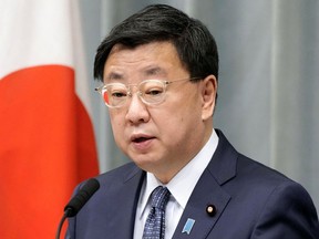 Japan's Chief Cabinet Secretary Hirokazu Matsuno speaks during a press conference in Tokyo, Wednesday, June 8, 2022. Japan's top government spokesman on Wednesday called Russia's announcement of suspending an agreement allowing Japanese fishing in waters near the disputed islands "regrettable" and that Tokyo will pursue negotiation so that Japanese boats can safely operate under the pact.