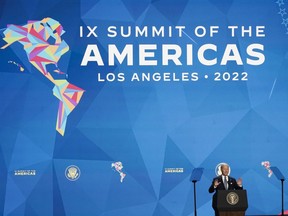 President Joe Biden speaks during an inaugural ceremony at the Summit of the Americas in Los Angeles, Wednesday, June 8, 2022.