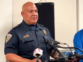 Uvalde Police Chief Peter Arredondo speaks at a news conference following the shooting at Robb Elementary School.