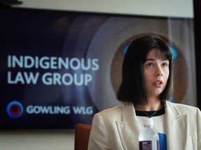 Cheyenne Stonechild, lead representative plaintiff, speaks during a news conference in Vancouver, on Monday, June 20, 2022.